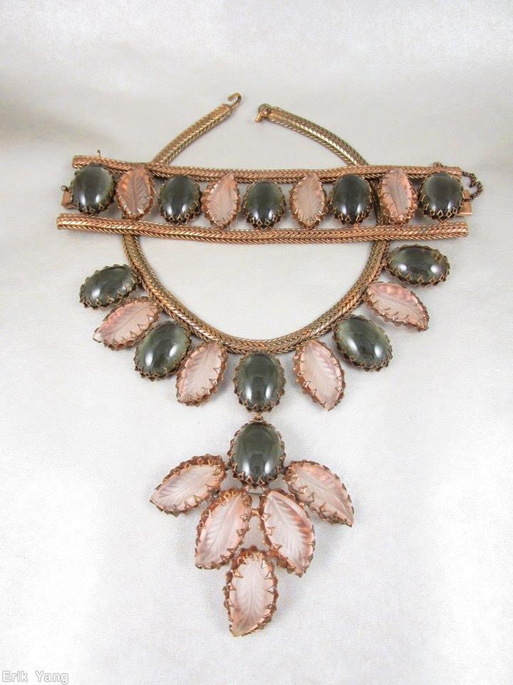 Schreiner single metal mesh chain 9 engraved leaf 5 large oval cab bib necklace peach smoke copper back jewelry