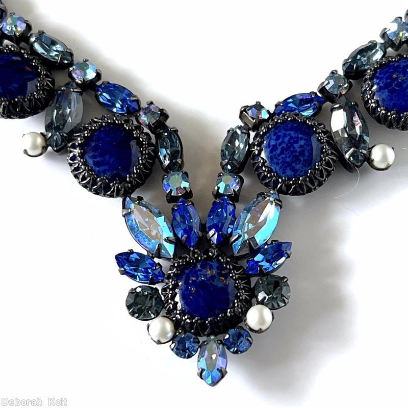 Schreiner single strand 11 large round cab necklace navette chaton strand lapis large round cab ab blue crystal jewelry