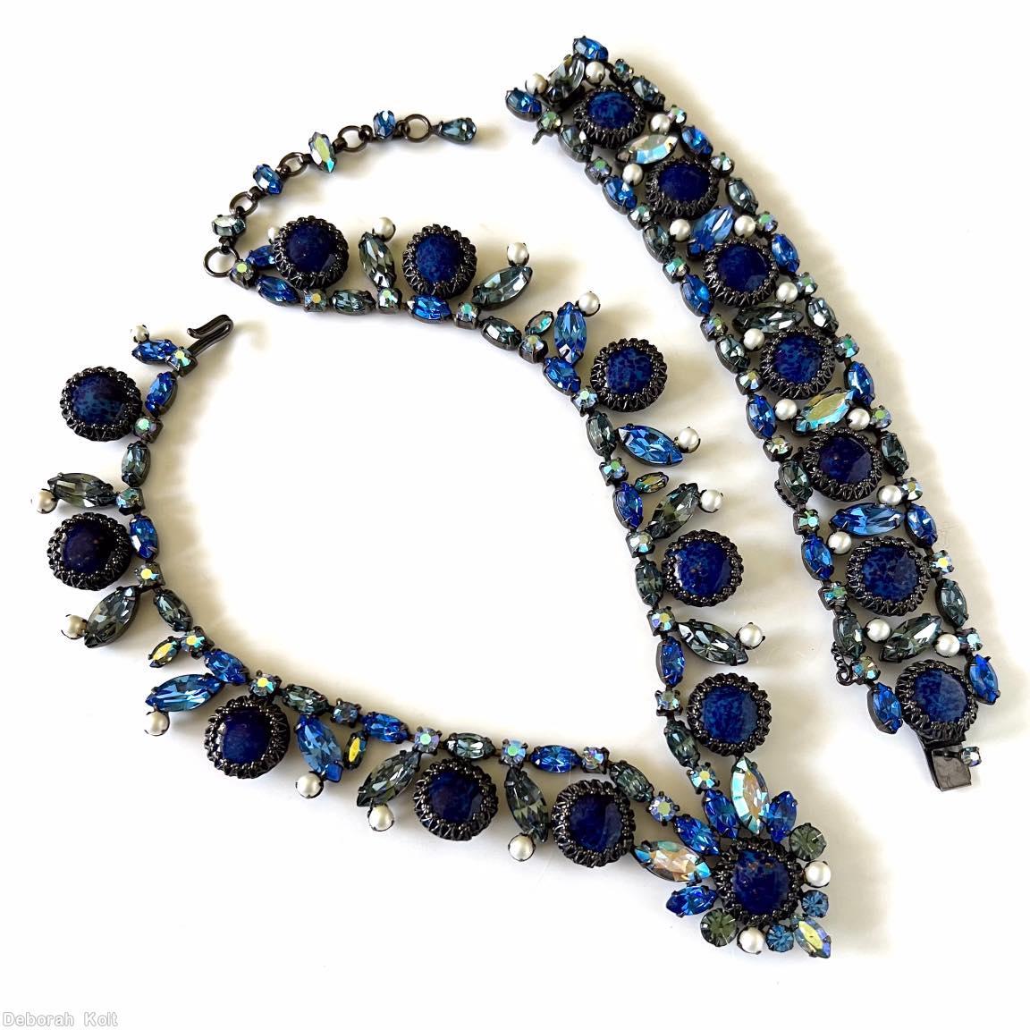 Schreiner single strand 11 large round cab necklace navette chaton strand lapis large round cab ab blue crystal jewelry