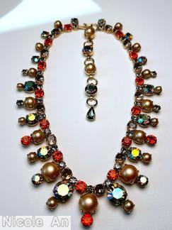 Schreiner single strand 16 chaton radial 25 varied size stone siam red chaton ab chaton pink metalic faux pearl small crystal chaton goldtone jewelry