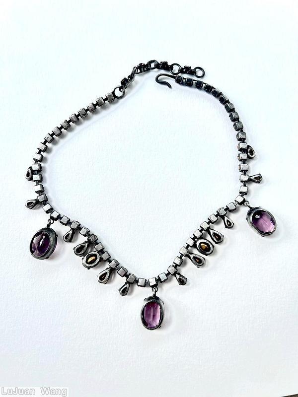 Schreiner single strand 3 dangling large oval stone 12 dangling small teardrop 2 small oval cab chain of small chaton purple large faceted dangling oval stone purple crystal gun metal jewelry