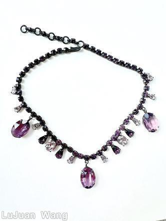 Schreiner single strand 3 dangling large oval stone 12 dangling small teardrop 2 small oval cab chain of small chaton purple large faceted dangling oval stone purple crystal gun metal jewelry