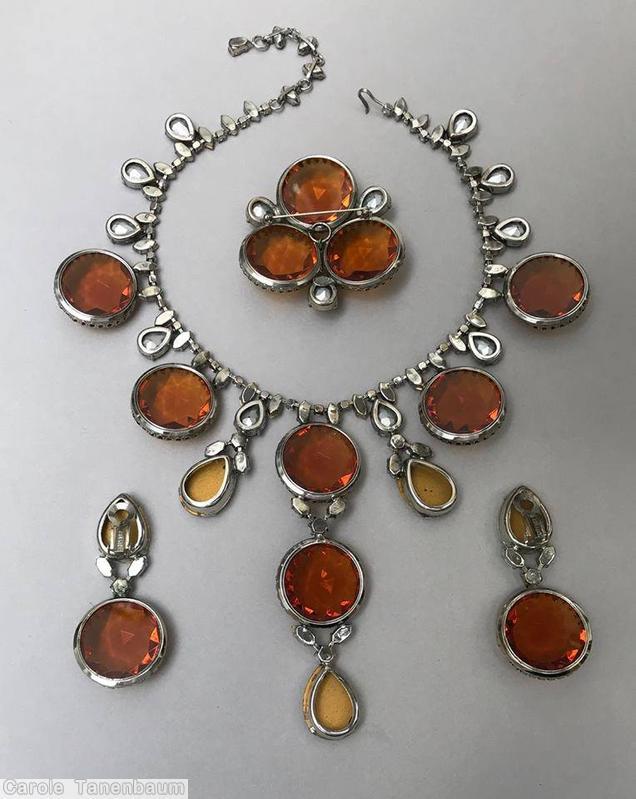 Schreiner single strand 6 large faceted disc 3 faceted teardrop 1 dangle chain of navette large faceted open back amber disc crystal ab faceted teardrop silvertone jewelry