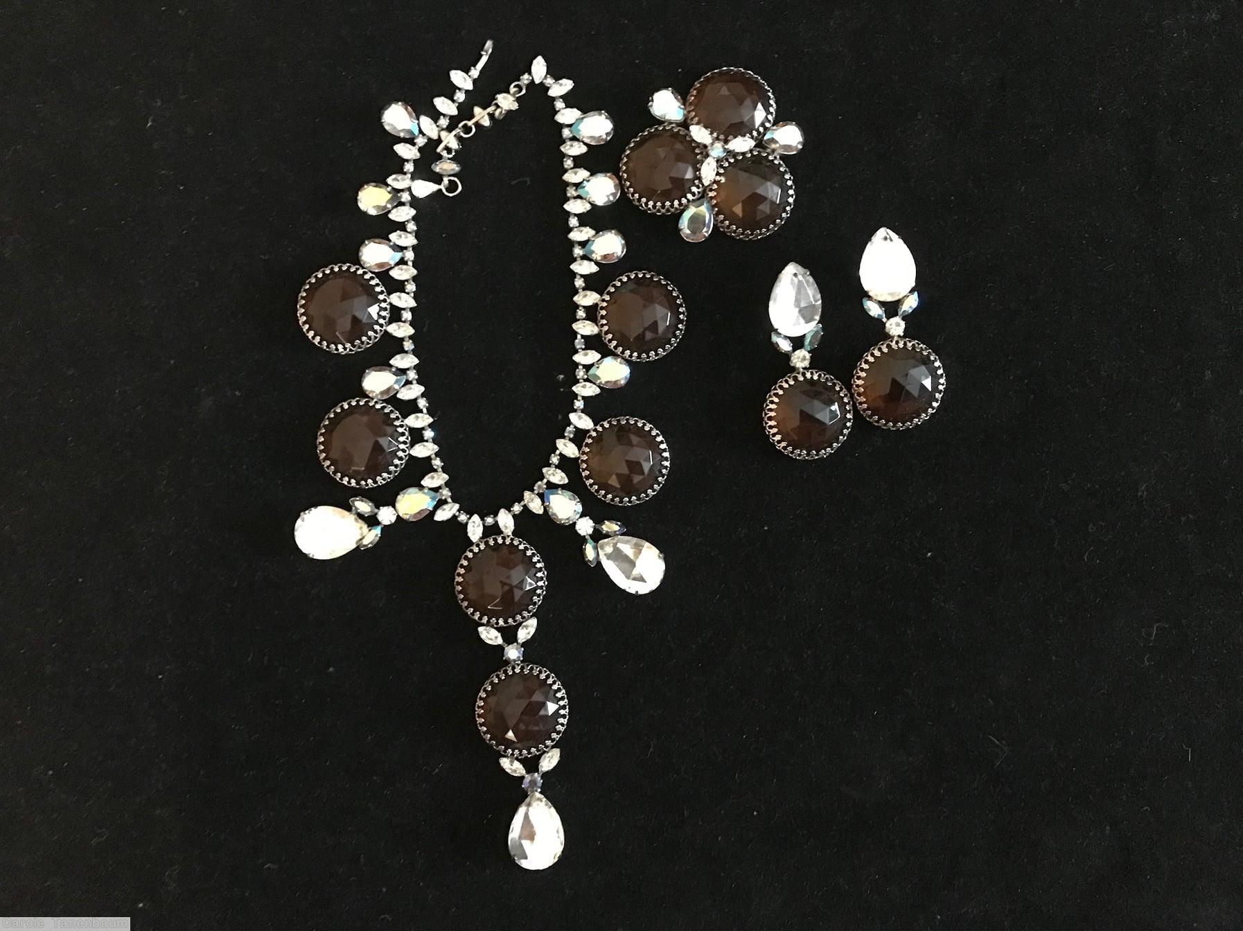 Schreiner single strand 6 large faceted disc 3 faceted teardrop 1 dangle chain of navette large faceted open back topaz disc crystal ab faceted teardrop silvertone jewelry