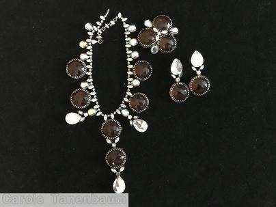 Schreiner single strand 6 large faceted disc 3 faceted teardrop 1 dangle chain of navette large faceted open back topaz disc crystal ab faceted teardrop silvertone jewelry
