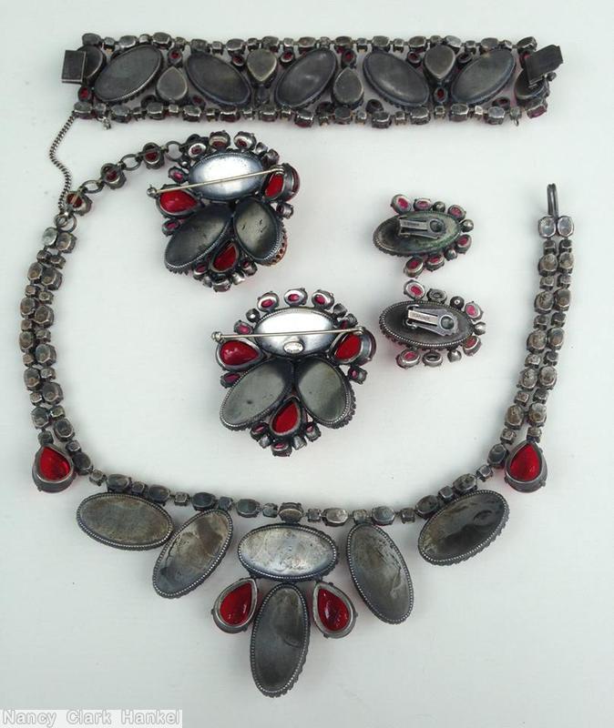 Schreiner single strand 6 large oval cab 2 dangle teardrop end magenta ruby marbled pink crystal silvertone jewelry