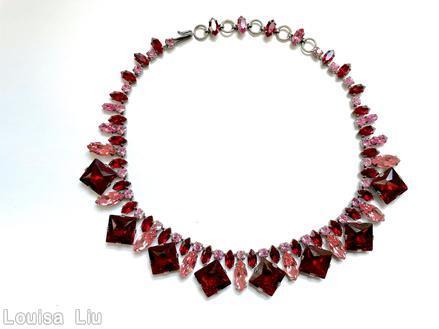 Schreiner single strand 8 dangling large square stone necklace 9 large navette chain of mixed small navette small chaton ruby large square stone pink navette ice lavender small chaton silvertone jewelry