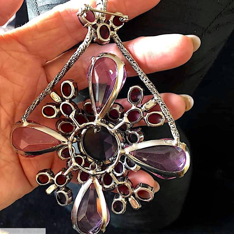 Schreiner single twisted metal mesh chain 4 large faceted teardrop radial cross pendant large rose cut round open back center pink large faceted teardrop large ice purple chaton silvertone jewelry