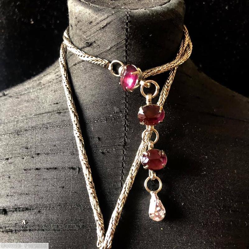 Schreiner single twisted metal mesh chain 4 large faceted teardrop radial cross pendant large rose cut round open back center pink large faceted teardrop large ice purple chaton silvertone jewelry
