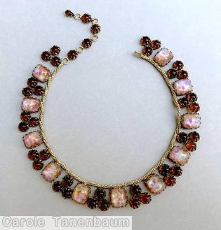 Schreiner single twisted slim metal chain 11 large dangling emerald cut 12 groups triple chaton speckled pink white large emerld cut brown chaton goldtone jewelry