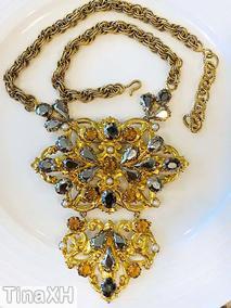 Schreiner top down dangling 2 part large metal molded pendant bottom shield shaped 3 teardrop 4 chaton 2 faux pearl top hexagonal shaped 4 chaton 6 faux pearl 6 teardrop 8 oval stone gold molded metal topaz chaton hematite goldtone jewelry