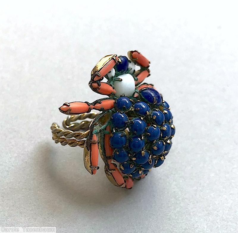 Schreiner spider ring lapis small chaton clustered ball coral opaque navette milk white chaton goldtone jewelry