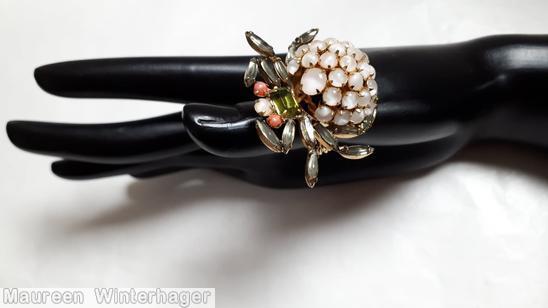 Schreiner spider ring moonglow small chaton smoky navette coral small chaton eye peridot small emerald cut goldtone jewelry