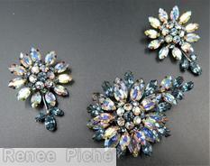 Schreiner 1 flower 1 branch pin large flower 4 rounds small chaton center 6 surrounding small chaton ab smoky jewelry