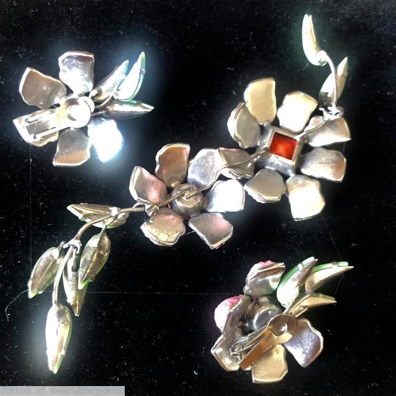 Schreiner 2 flower long branch pin opaque pink lava stone coral square stone coral lava stone opaque apple green petal stone silver tone jewelry