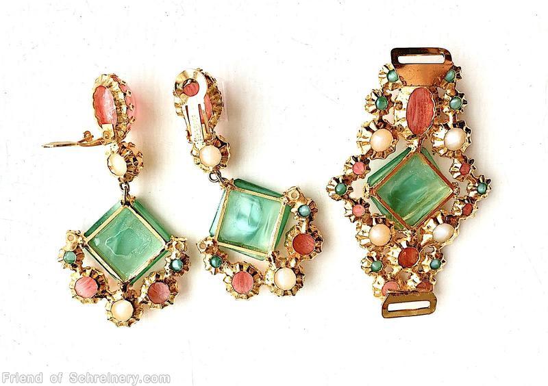 Schreiner 3 part large greek key square stone dangle earring large oval cab top chaton middle jade greek key square stone moonglow white chaton marbled pink goldtone jewelry