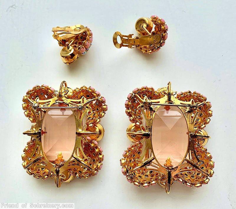 Schreiner 4 half clustered ball corner rectangle pin large faceted open back center stone 4 large chaton opaque pink ab amber large faceted open back crystal goldtone jewelry
