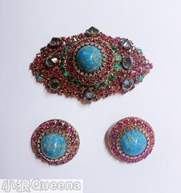 Schreiner 8 pointy stone high domed oval pin large chaton center turquoise emerald smoke faceted inverted fuchsia jewelry