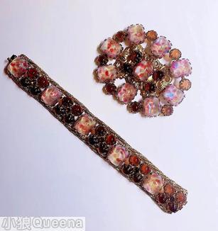 Schreiner 9 emerald cut metal deco oval pin 12 chaton coral speckled emerald cut carnelian chaton goldtone jewelry