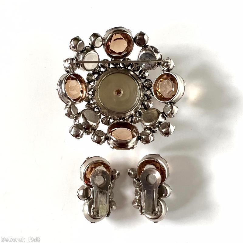 Schreiner large round stone center high domed round pin 8 pointy stone side large round faux pearl crystal champagne smoke jewelry