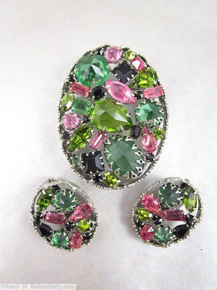 Schreiner oval shadow box pin 3 large stone pink peridot green jet silvertone jewelry
