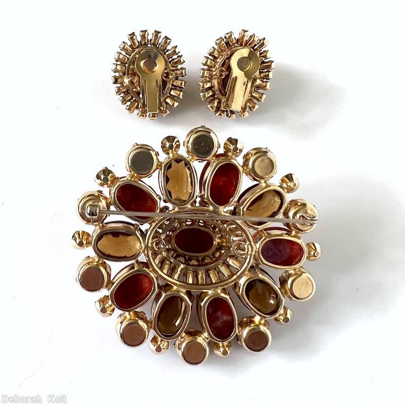 Schreiner radial domed oval pin 10 oval cab hook eye oval center 5 rounds 10 chaton carnelian jet amber brown jewelry